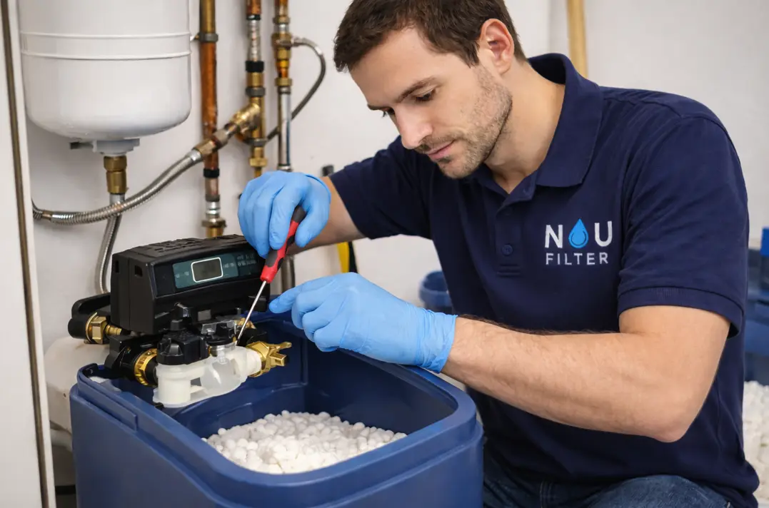 Técnico cambiando filtros de sistema de ósmosis inversa