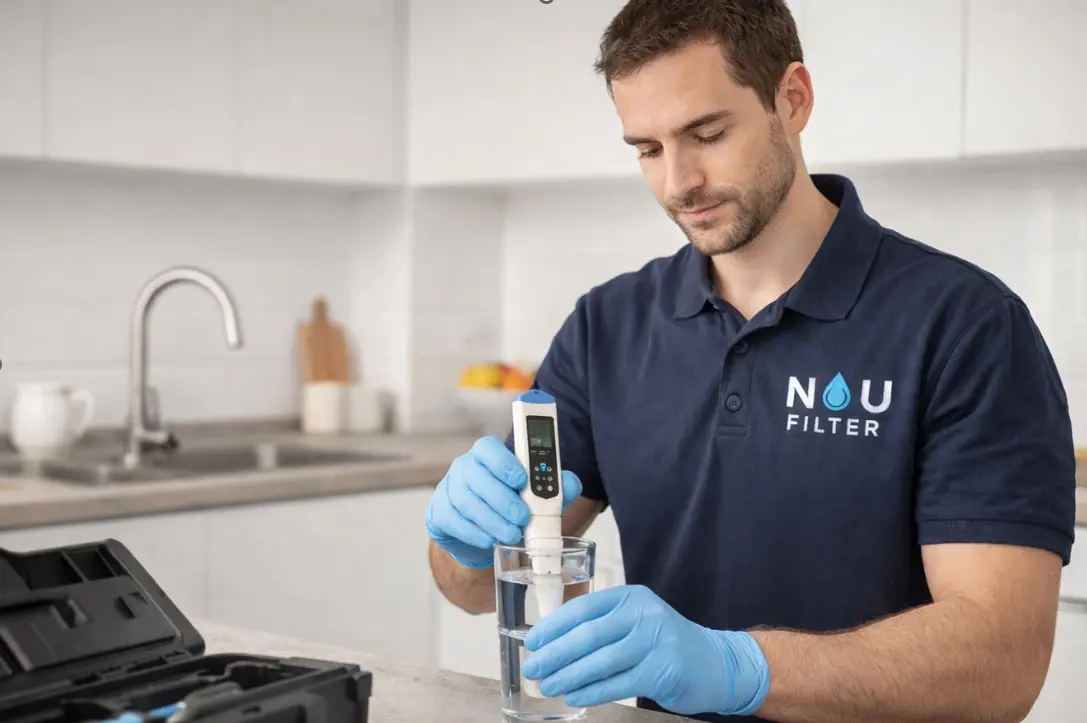 Técnico realizando test de dureza y calidad del agua